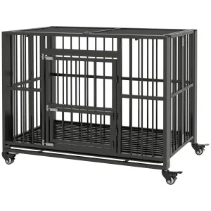 43" Heavy Duty Dog Crate Foldable Dog Cage with Openable Top Locks Removable Tray Wheels - Black