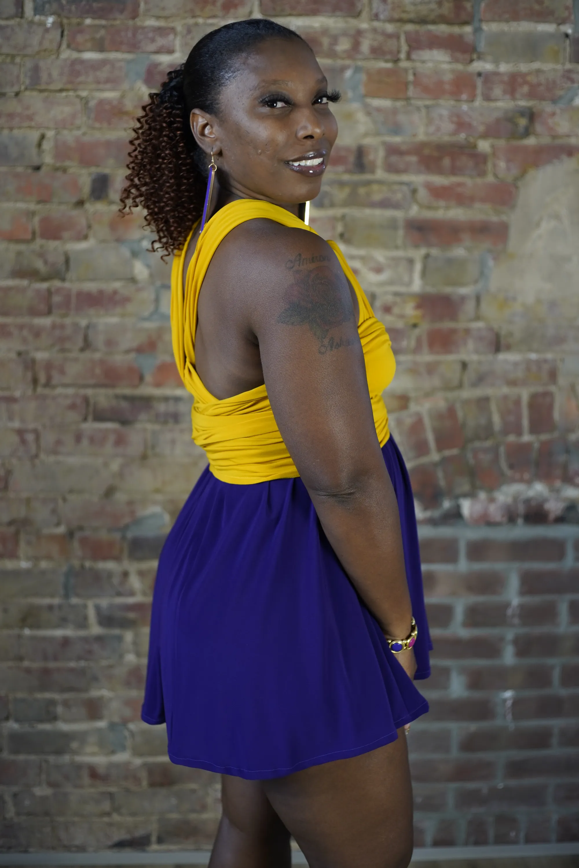 CHOIR Purple and Gold Mini Dress